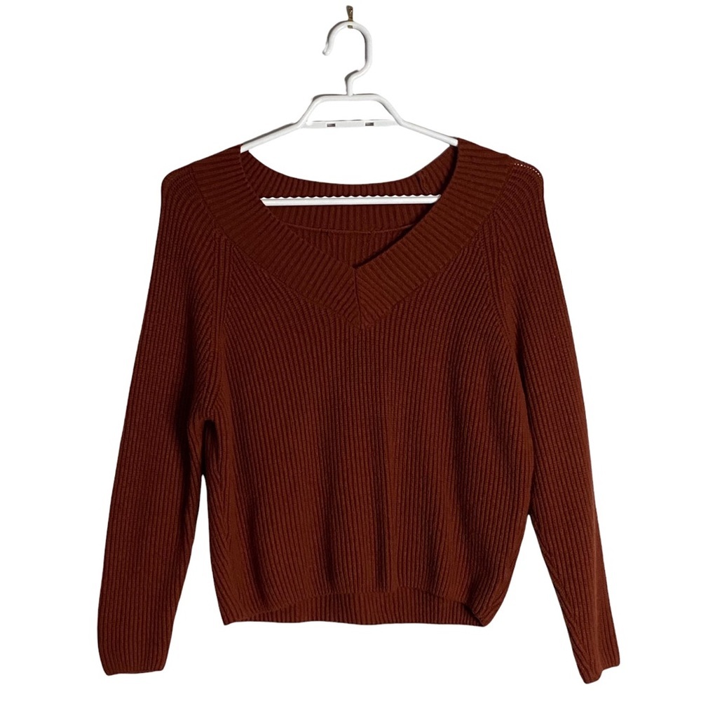 Poof! Women's Burnt Orange Ribbed V-Neck Sweater
